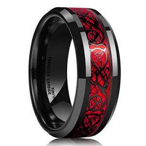 King Will Mens 8mm Red Carbon Fiber Black Celtic Dragon Tungsten Carbide Ring Comfort Fit Wedding Band(9)